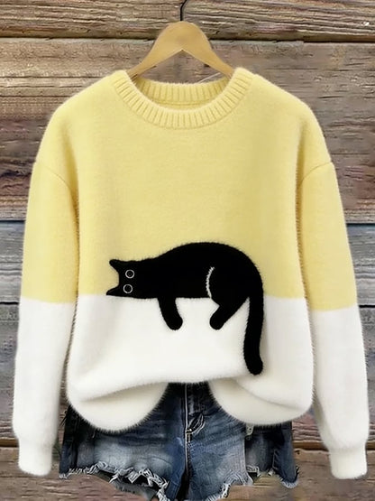 Bonnie cat print oversized sweater in yellow, front view