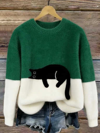 Bonnie cat print oversized sweater in green, front view