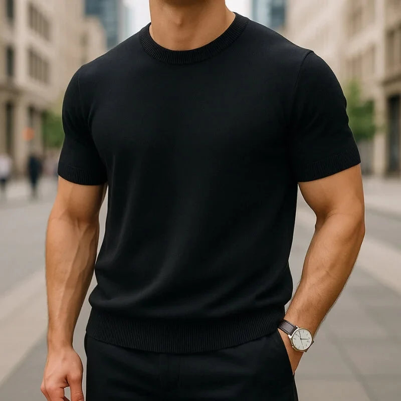 Warren fine knit t-shirt in black, front view