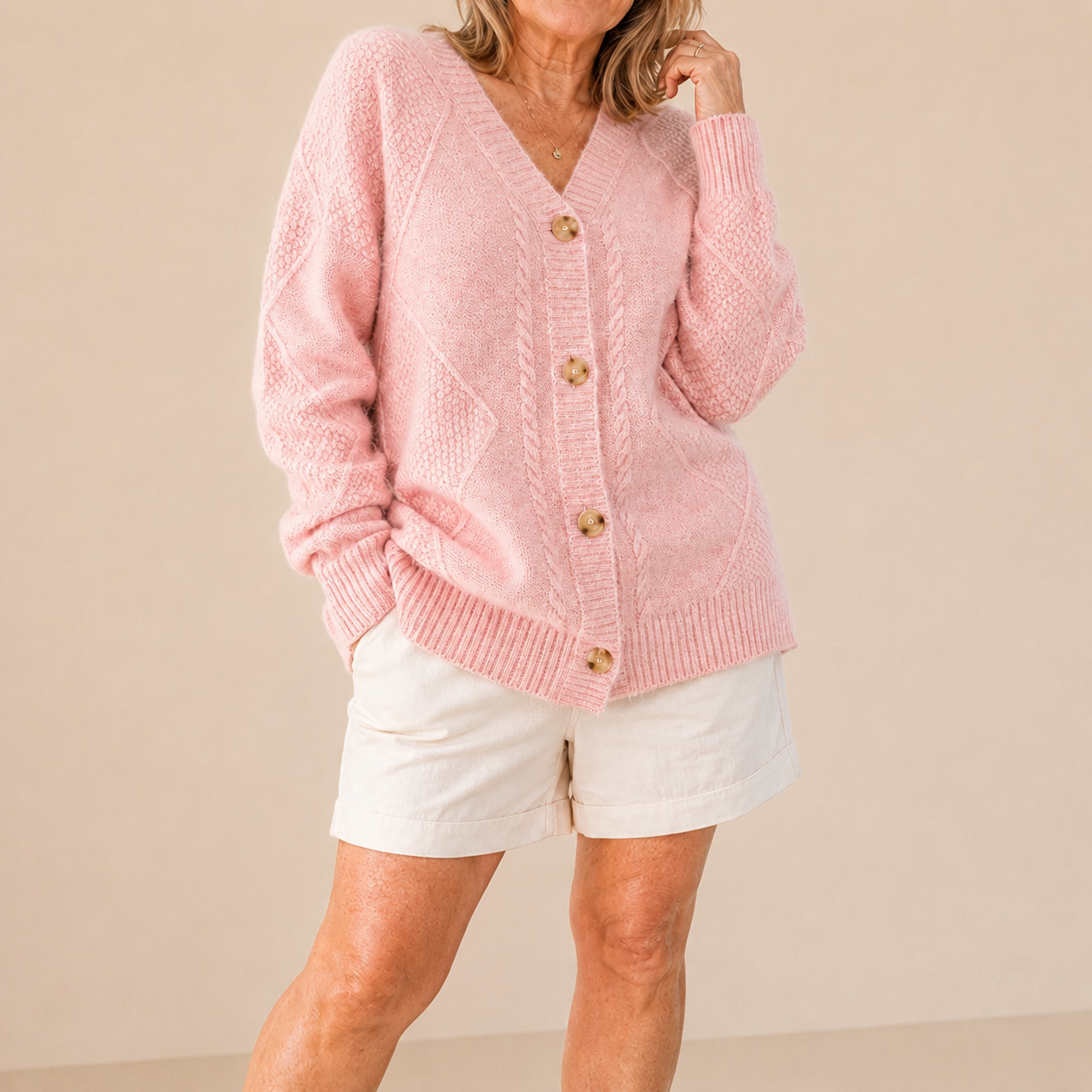 Maxine soft knit button cardigan in light pink, front view
