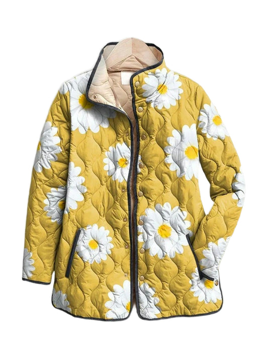 Georgiana quilted jacket in a mustard and white daisy print, front view