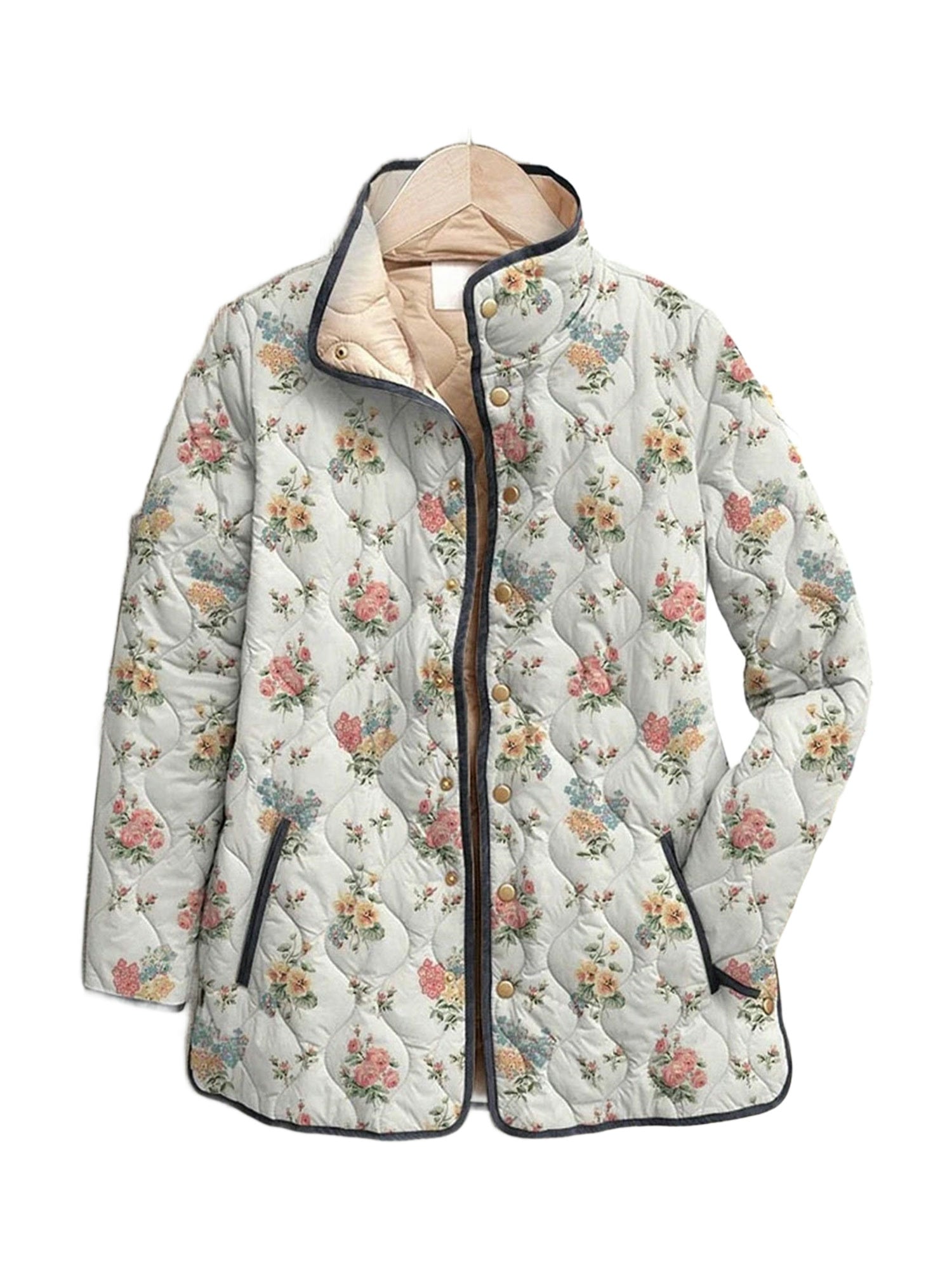 Daphne quilted jacket in a small-scale cream floral print, front view