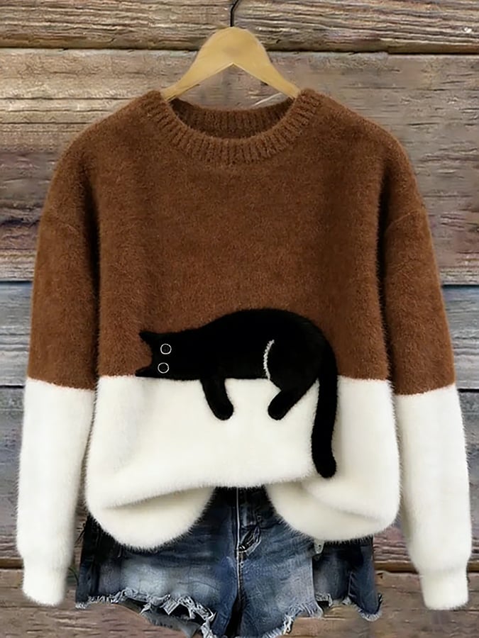 Bonnie cat print oversized sweater in brown, front view