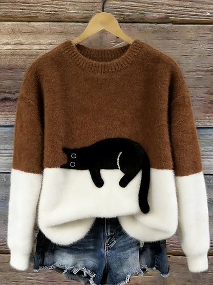 Bonnie cat print oversized sweater in brown, front view