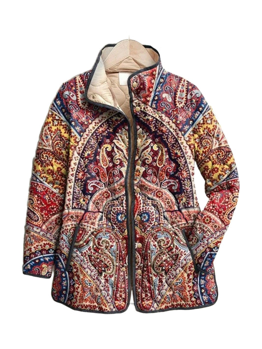 Lorena quilted jacket in a red and blue paisley print, front view