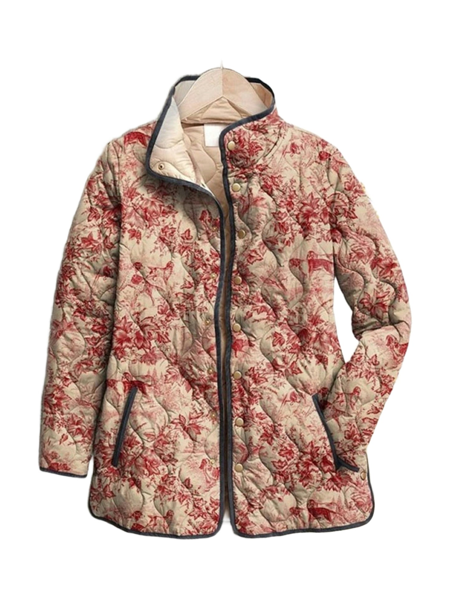 Ruth quilted jacket in a faded terracotta rose print, front view
