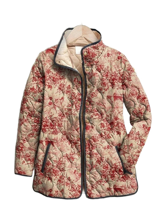 Ruth quilted jacket in a faded terracotta rose print, front view