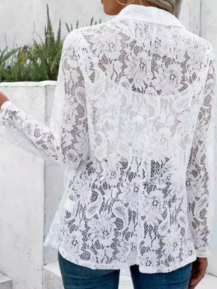 Back view of the white Lucy lace blazer showing the full lace back panel