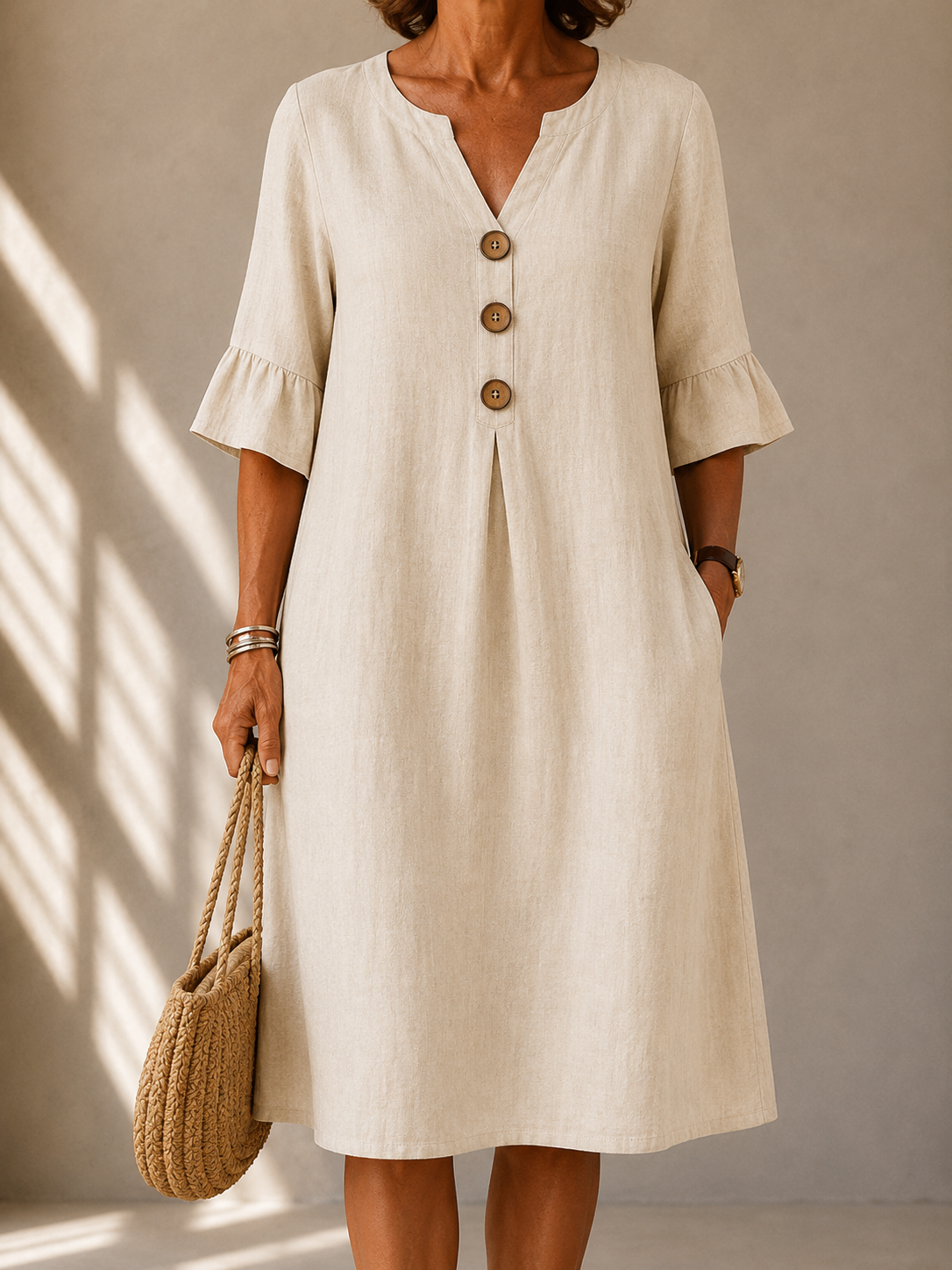 Geraldine dress in Beige, front view with notched neckline and three wood-tone buttons