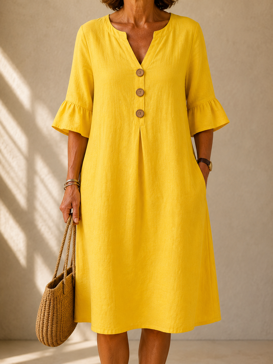 Annette dress in Yellow, front view showing the notched neckline and three wood-tone buttons