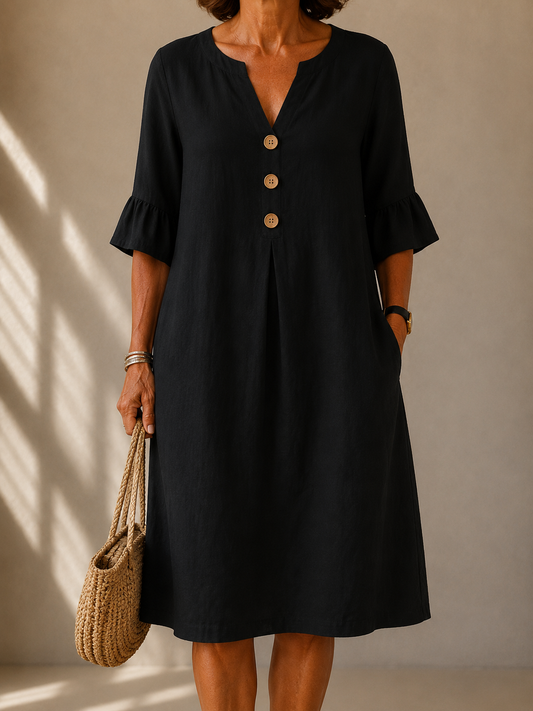 Frances dress in Black, front view showing the notched neckline and three wood-tone buttons