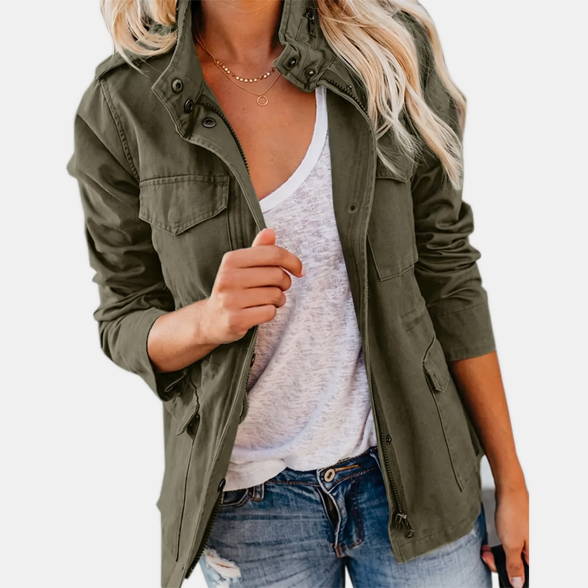 Verna utility cargo jacket in olive green, worn open over a white tee
