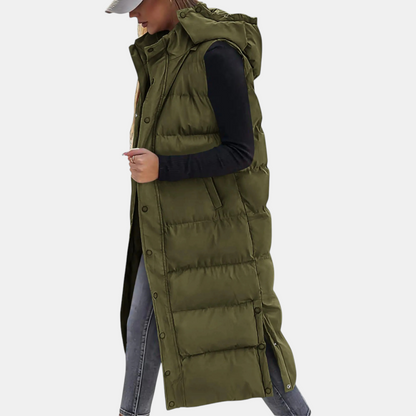 Thelma quilted hooded maxi vest in olive green, side view buttoned