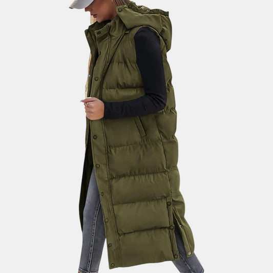 Thelma quilted hooded maxi vest in olive green, side view buttoned