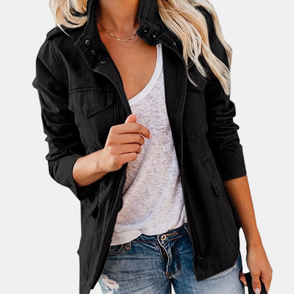 Verna utility cargo jacket in black, worn open over a white tee