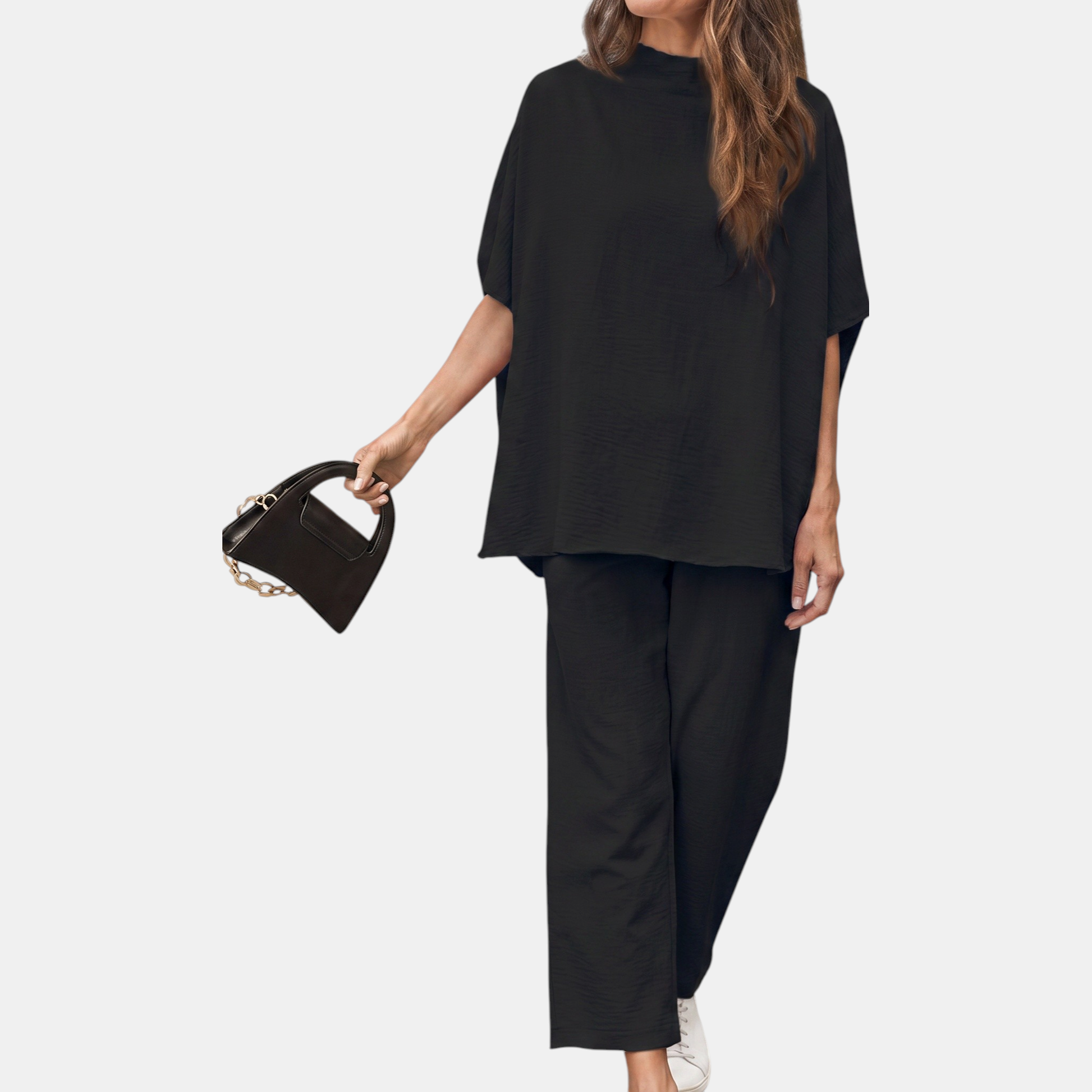 Stella mock neck lounge set in black, front view