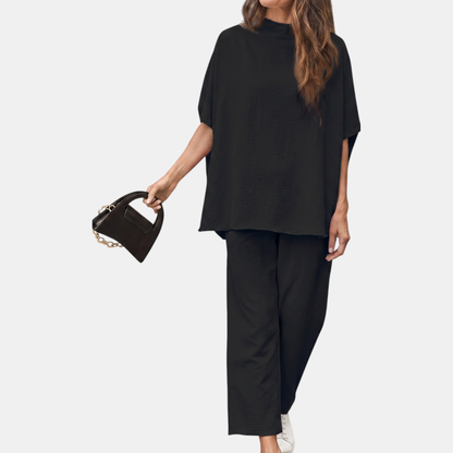 Stella mock neck lounge set in black, front view