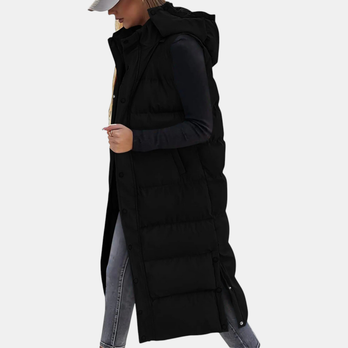 Thelma quilted hooded maxi vest in black, side view