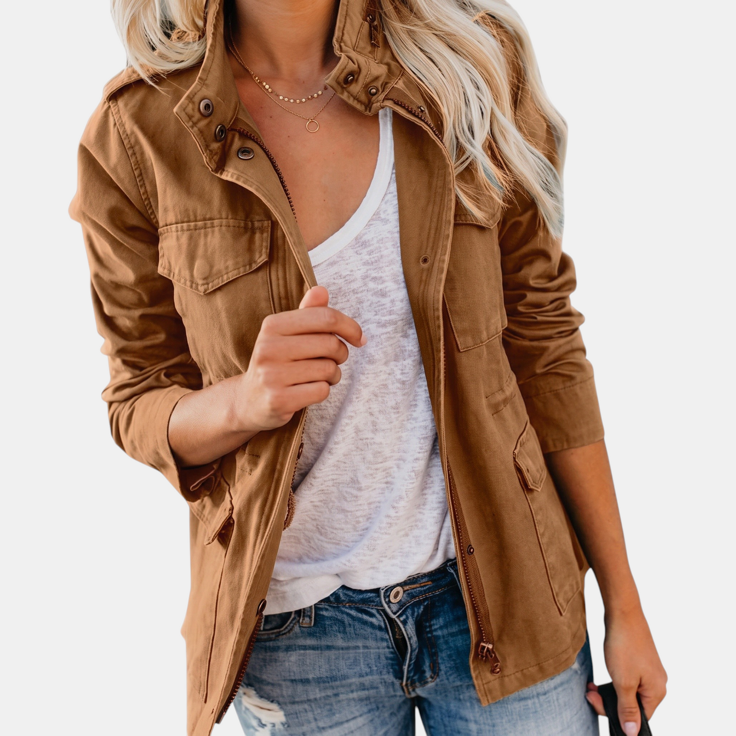 Verna utility cargo jacket in brown, worn open over a white tee