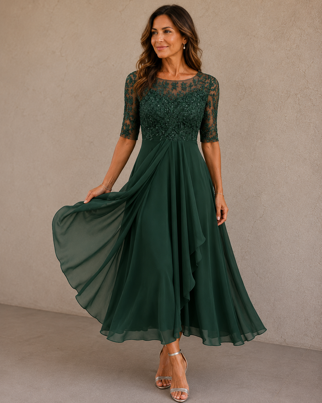 Elaine chiffon dress in Emerald Green, full front view