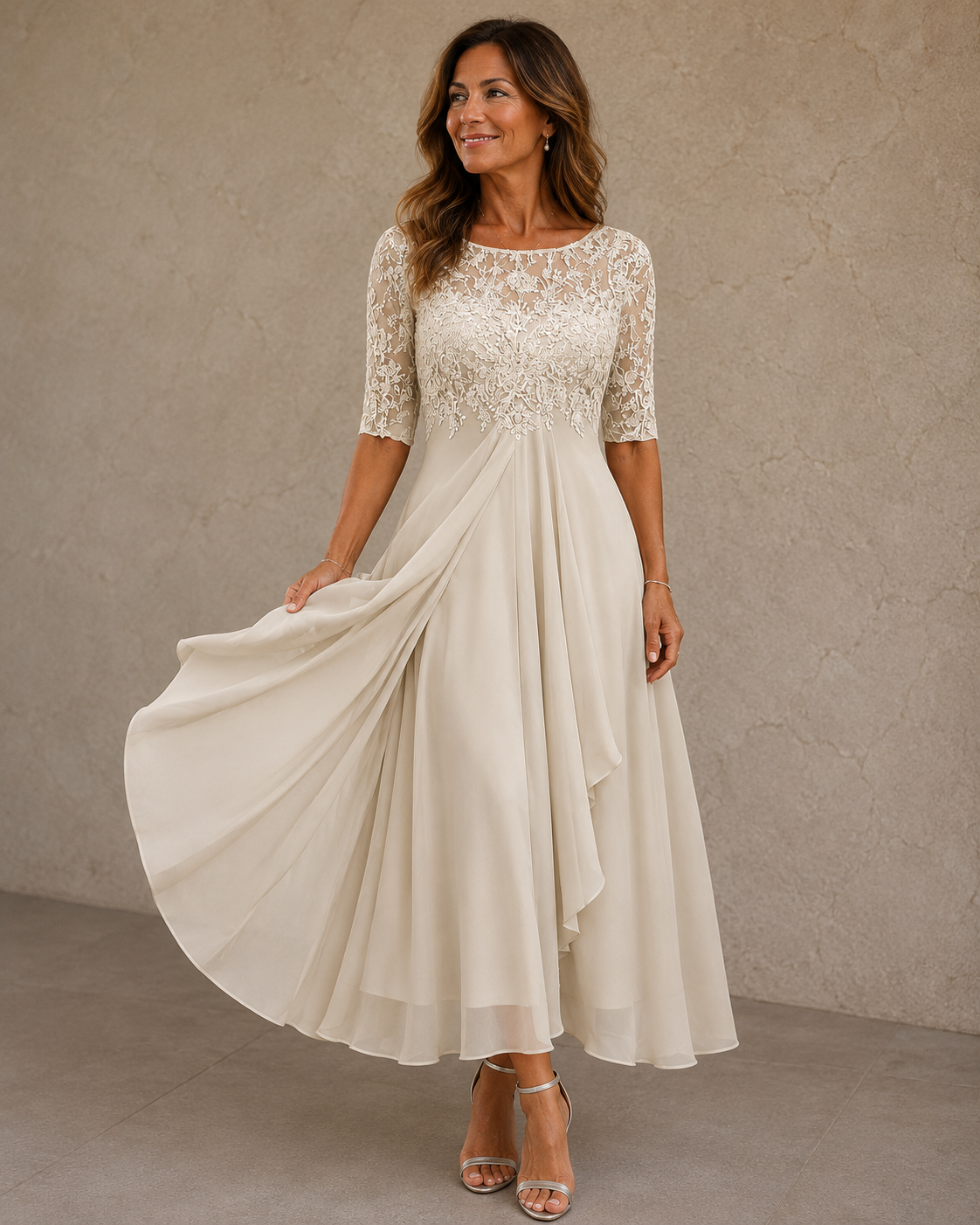 Elaine chiffon dress in Champagne, full front view
