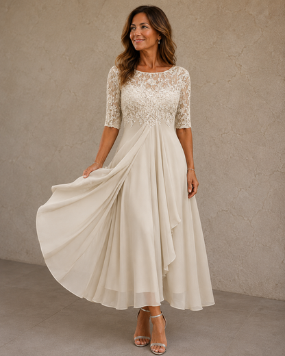 Elaine chiffon dress in Champagne, full front view
