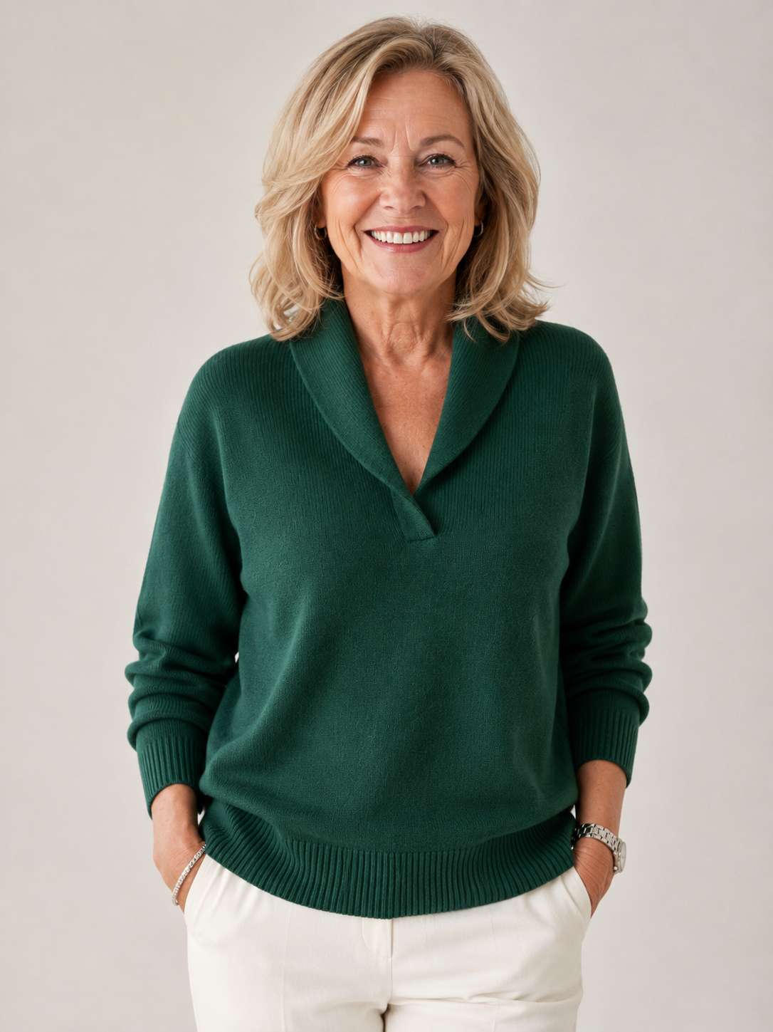 Greta shawl collar sweater in forest green, front view