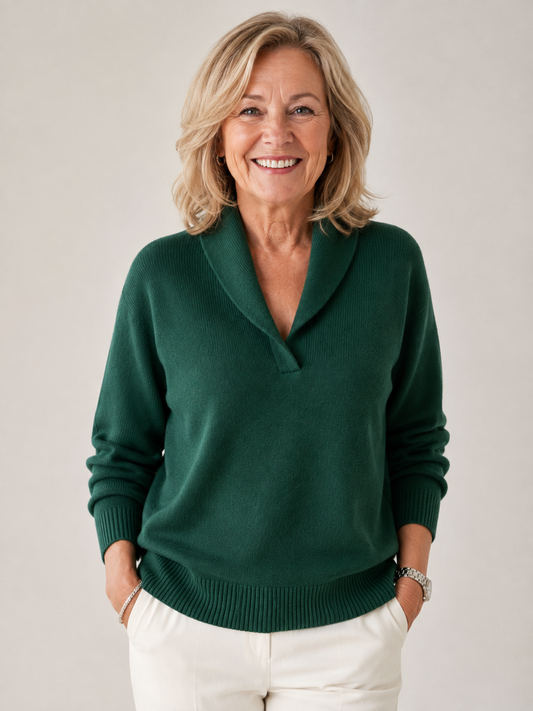 Greta shawl collar sweater in forest green, front view