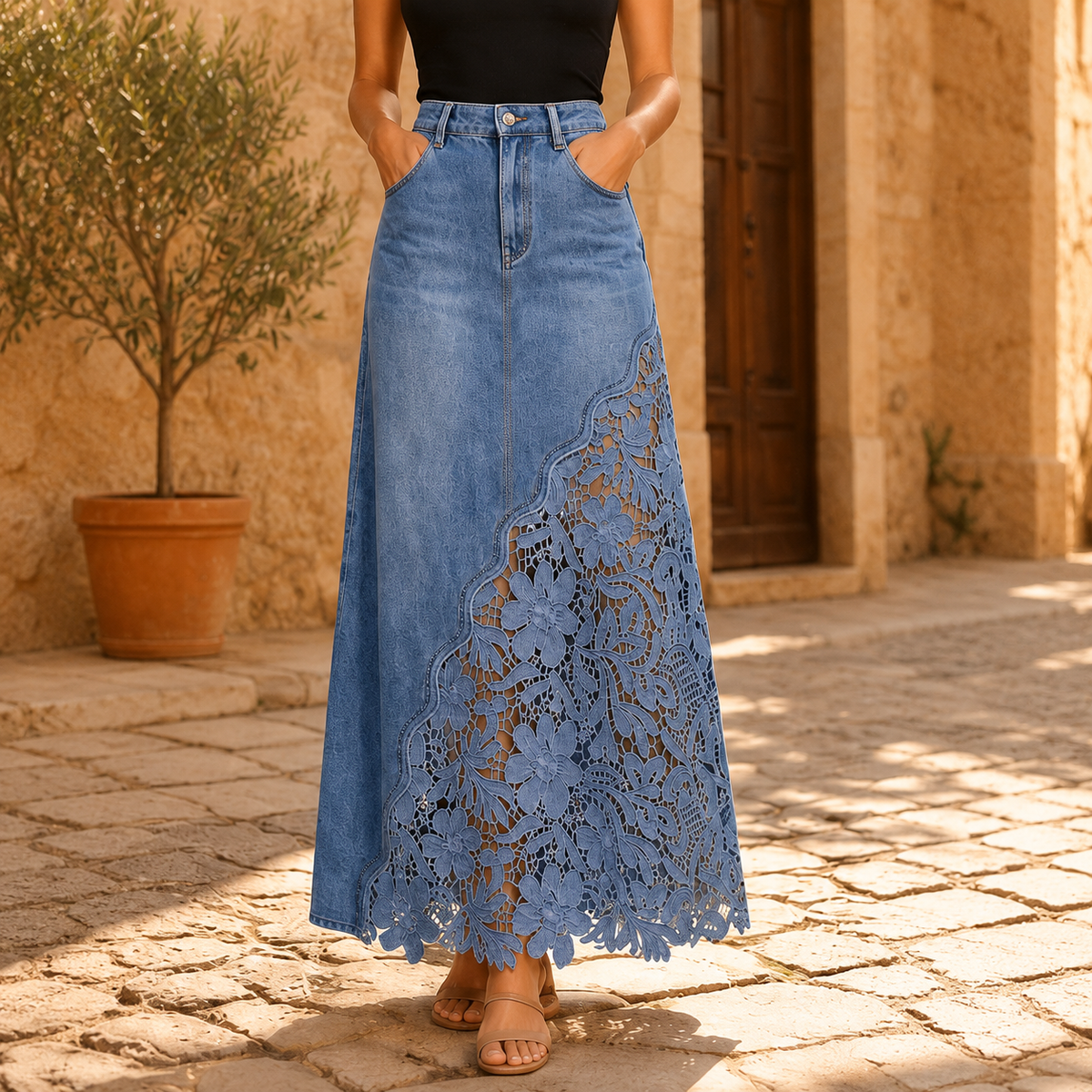 Delphine lace denim maxi skirt in light blue, front view with hands in the pockets