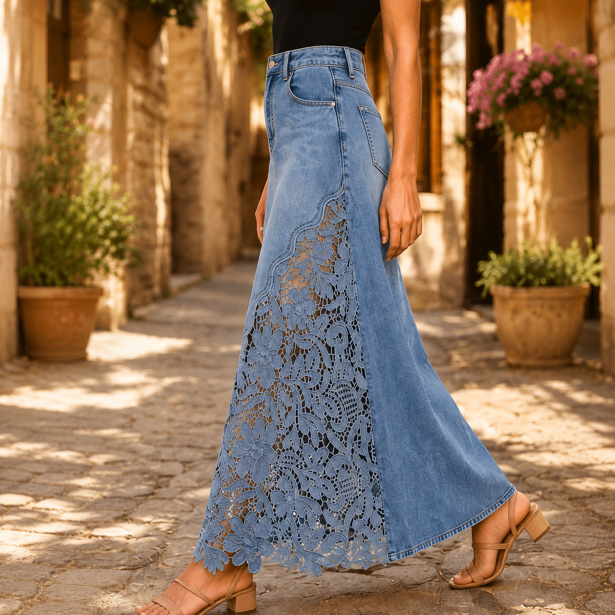 Side view of the Delphine lace denim maxi skirt in light blue, showing the A-line sweep and the scalloped lace panel