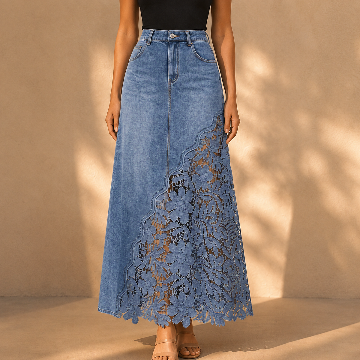 Delphine lace denim maxi skirt in light blue, front view showing the scalloped floral lace panel