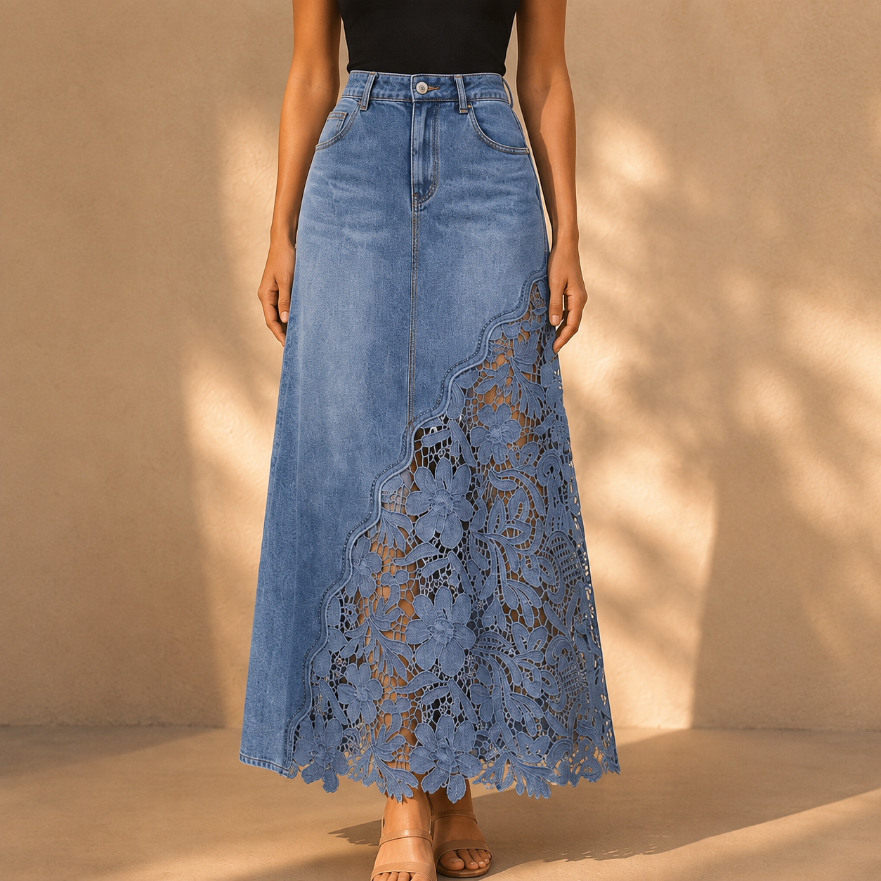 Delphine lace denim maxi skirt in light blue, front view showing the scalloped floral lace panel