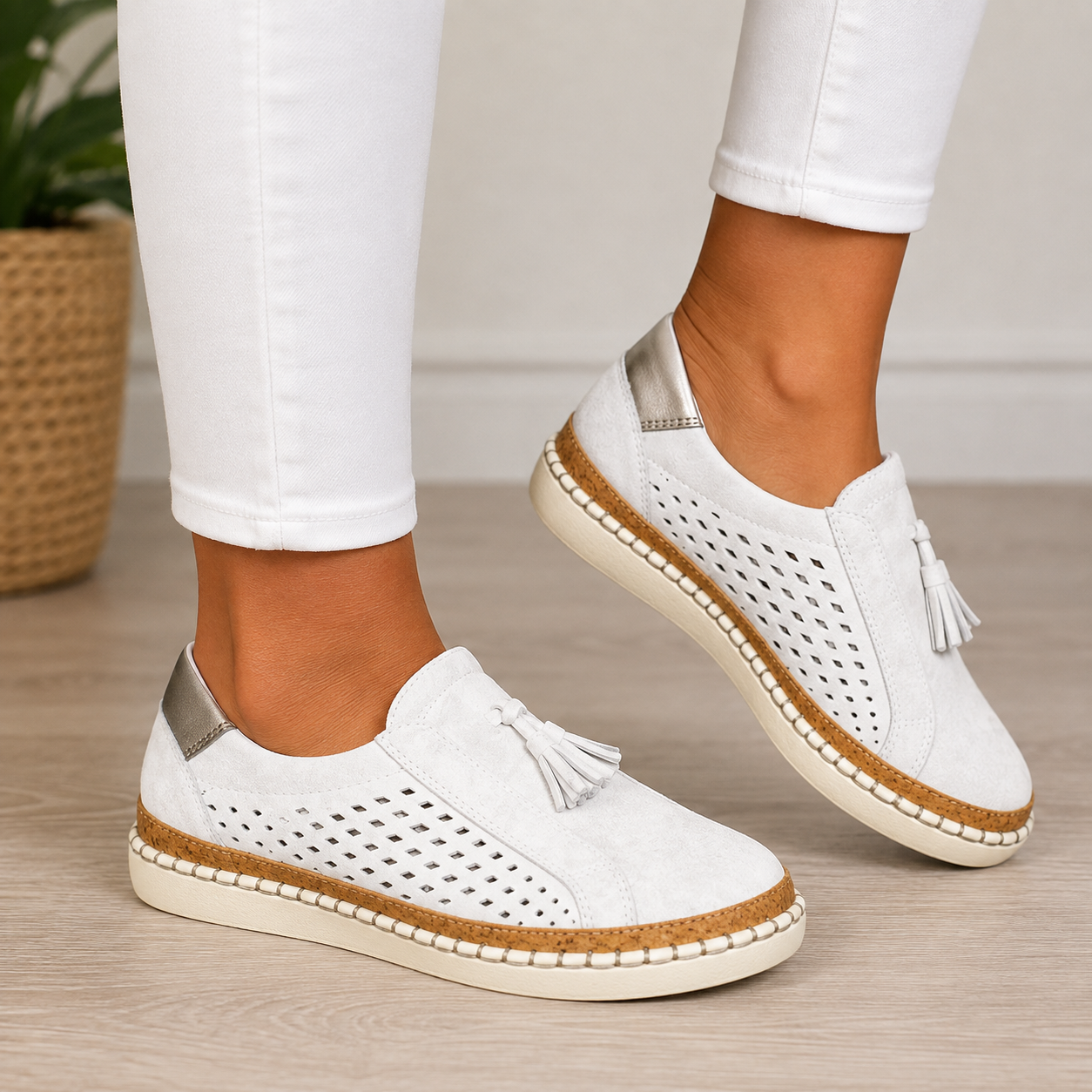 Norma cushioned slip-on loafers in White, worn with cropped white jeans