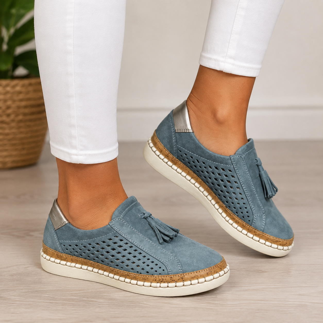 Norma cushioned slip-on loafers in Light Blue, worn with cropped white jeans