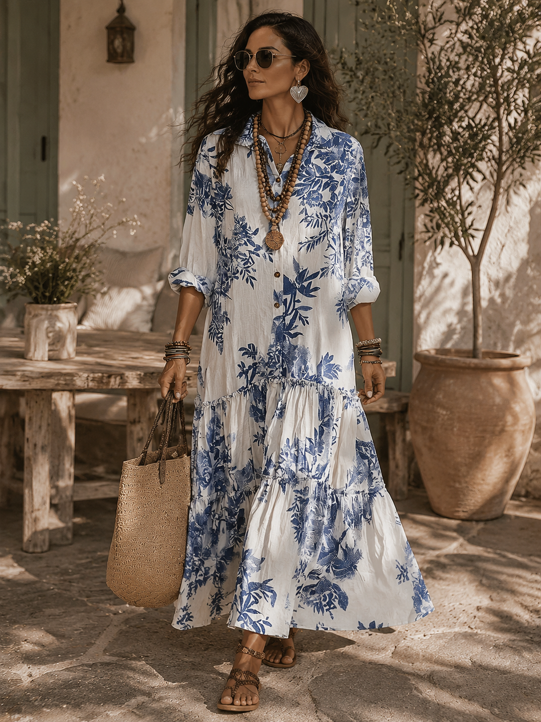 Opal blue floral tiered maxi dress worn with a straw tote in a sunlit courtyard