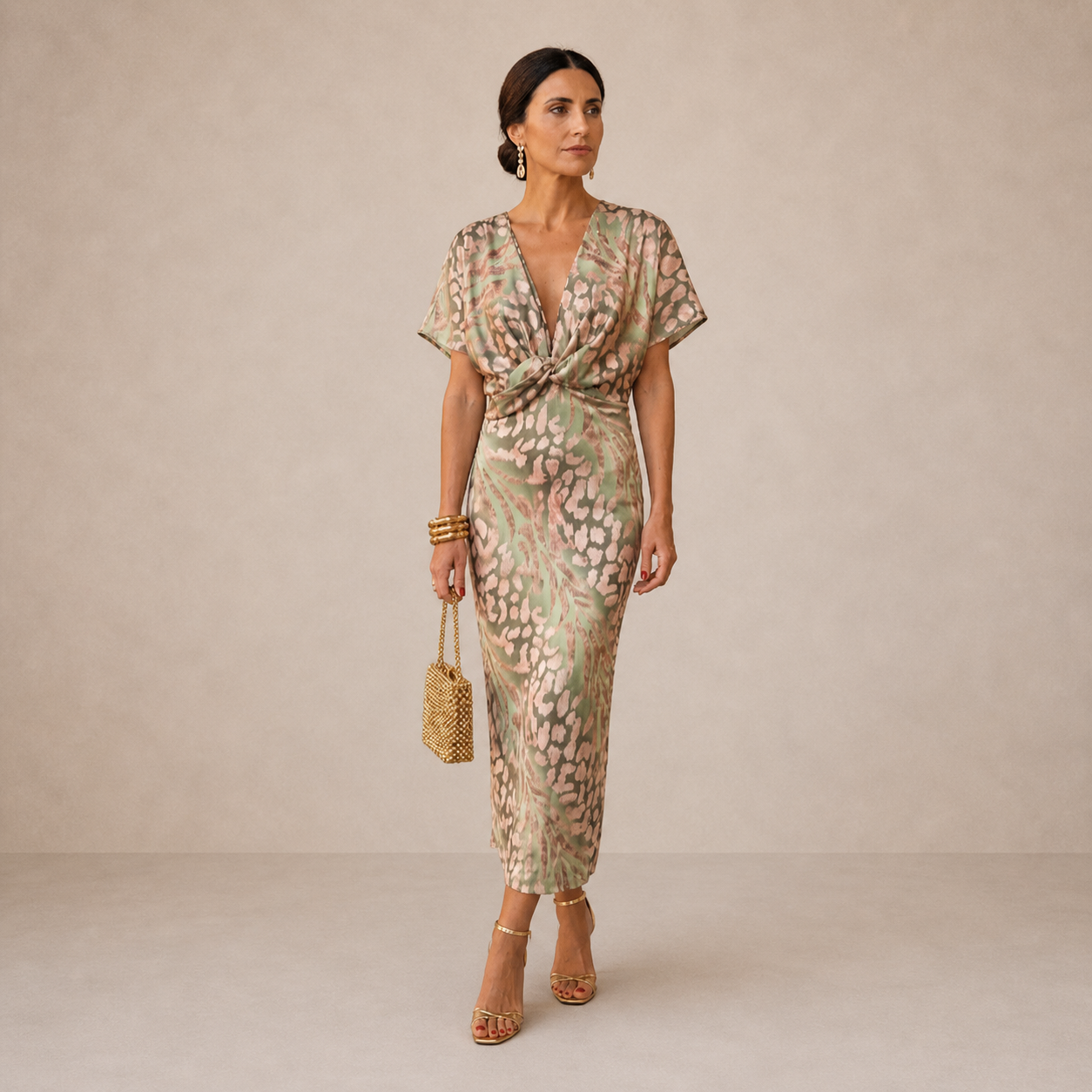 Louise sage leopard midi dress, front view on studio backdrop
