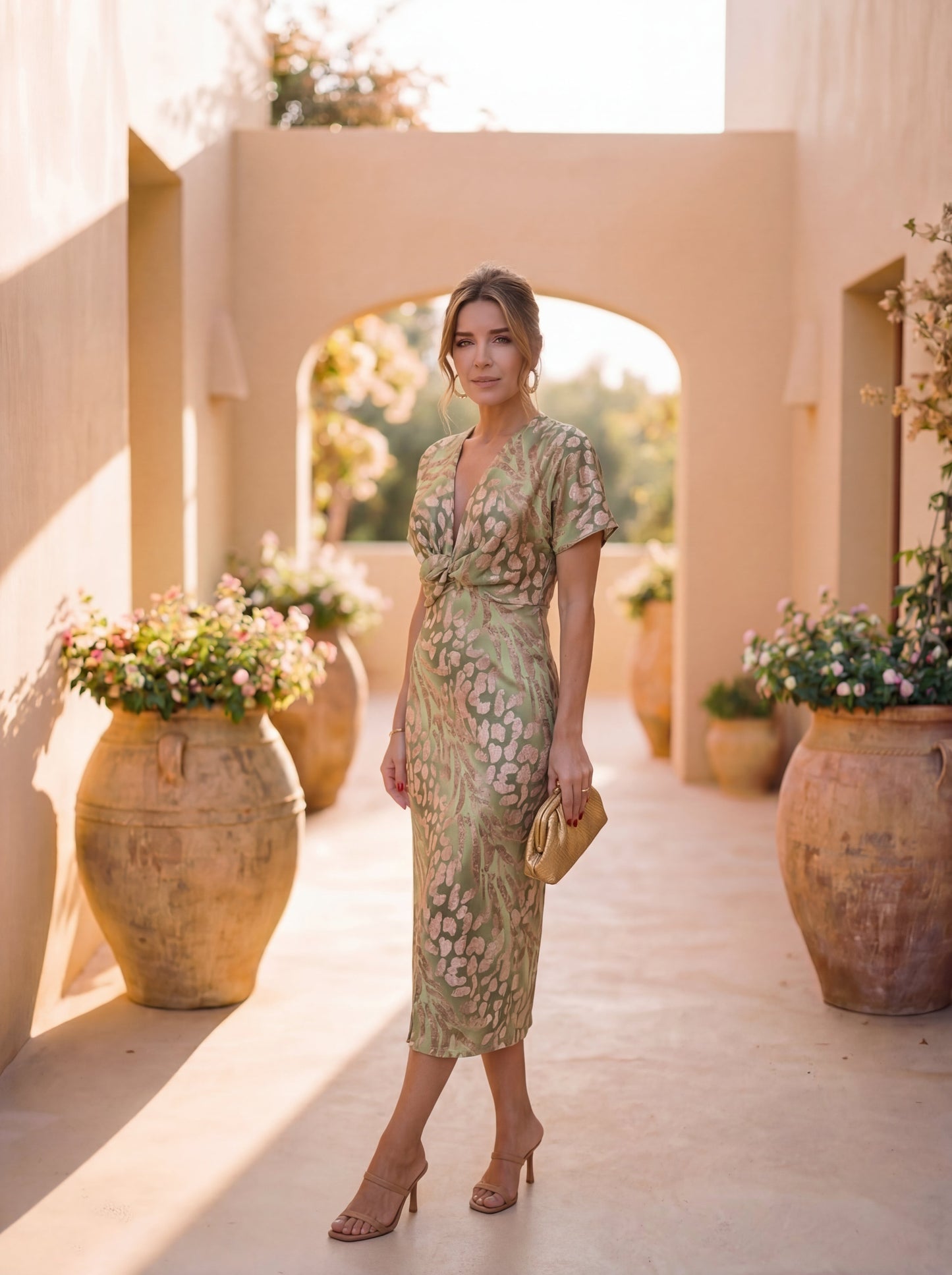 Louise sage leopard midi dress, full front view