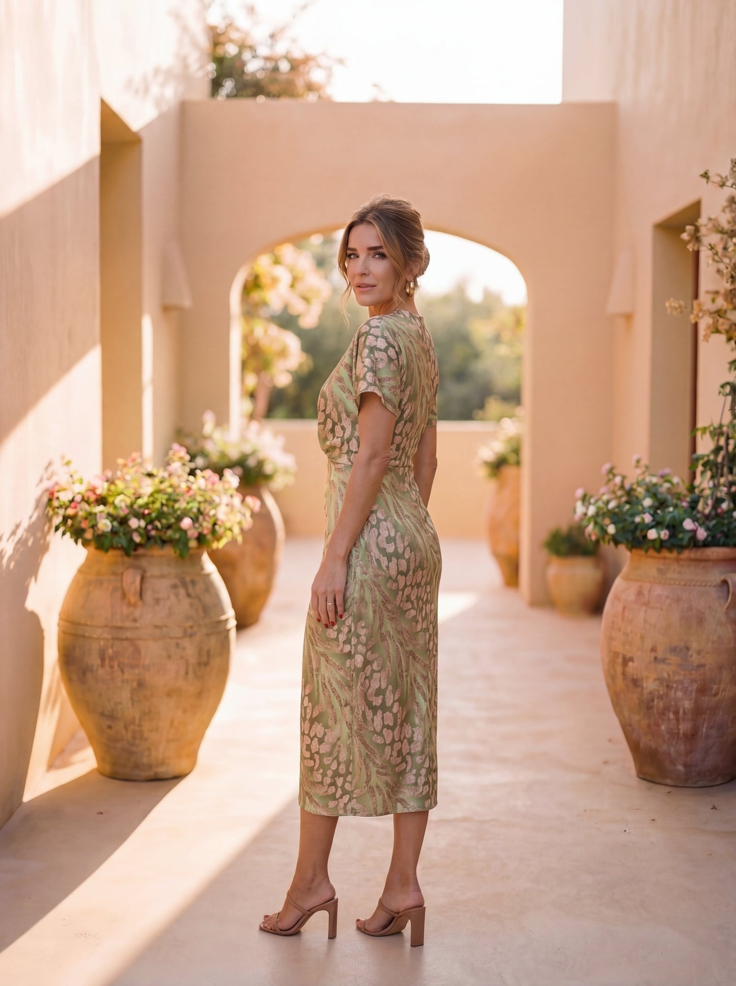 Back view of the Louise midi dress showing the fitted skirt