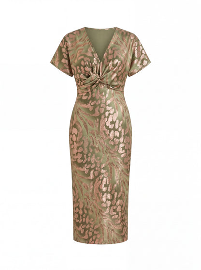 Louise midi dress laid flat, showing the sage green and rose gold leopard jacquard