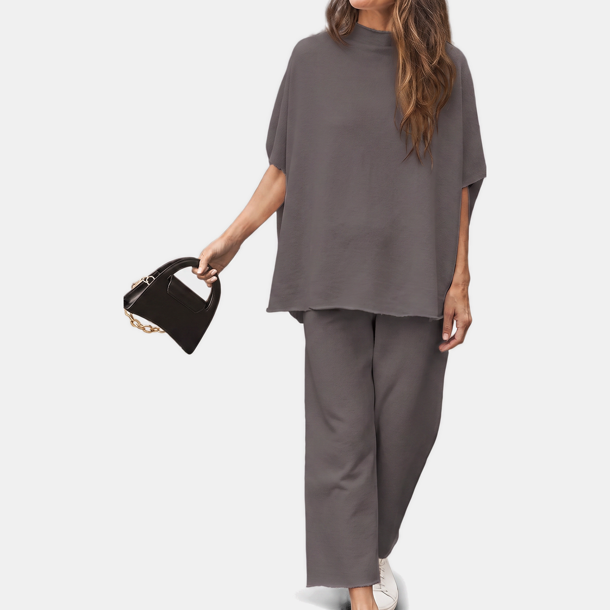 Stella mock neck lounge set in dark gray, front view