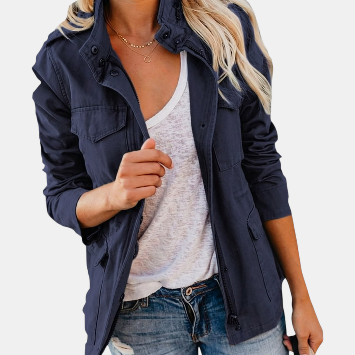 Verna utility cargo jacket in navy, worn open over a white tee