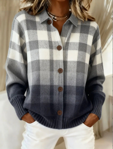 Gladys plaid cardigan in gray ombre, front view worn open over white jeans