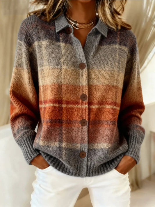 Mildred plaid cardigan in rust ombre, front view worn open over white jeans