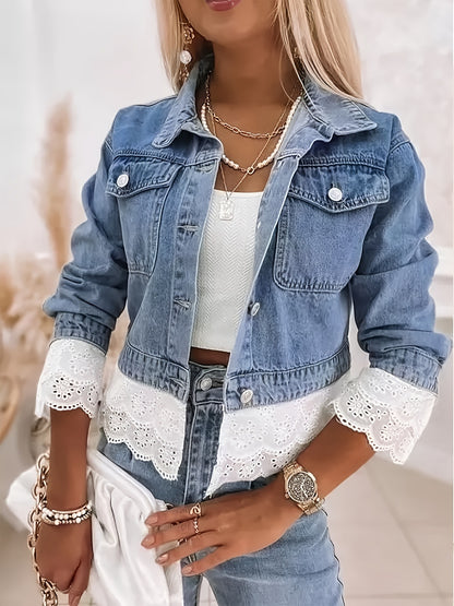 Winnie cropped denim jacket in light wash blue, front view showing the scalloped eyelet lace at the hem and cuffs