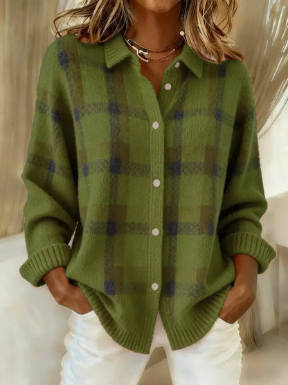 Goldie plaid cardigan in olive green, front view worn open over white jeans