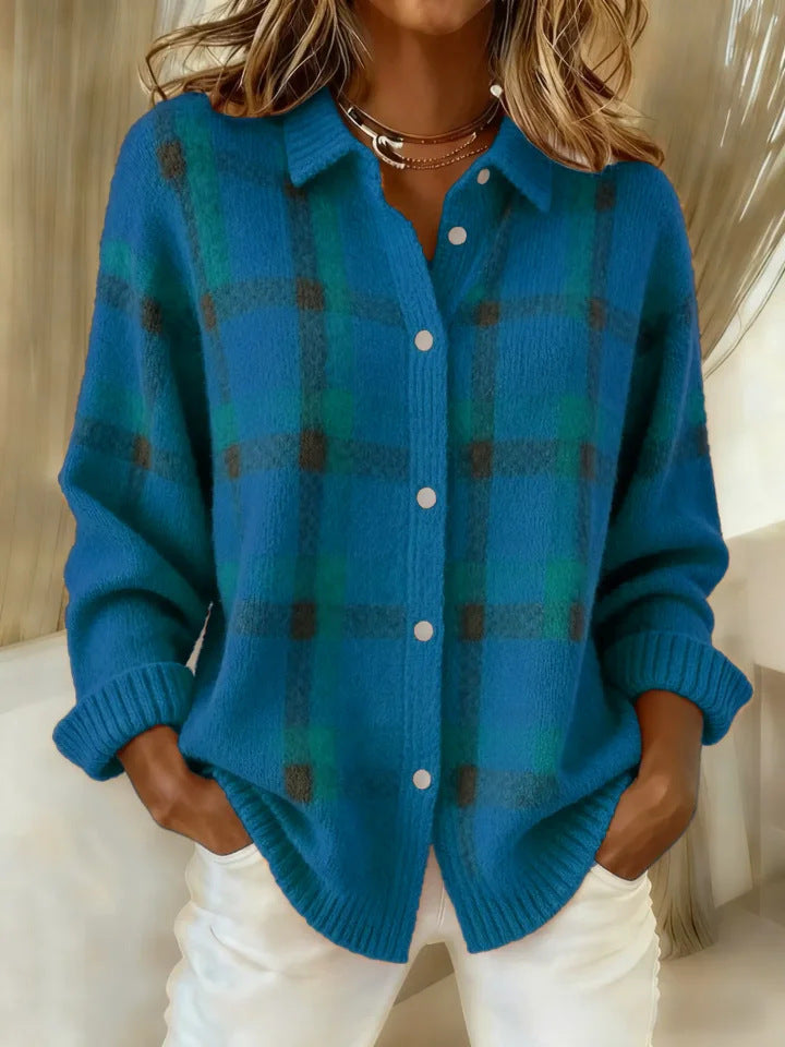 Lois plaid cardigan in teal blue, front view worn open over white jeans