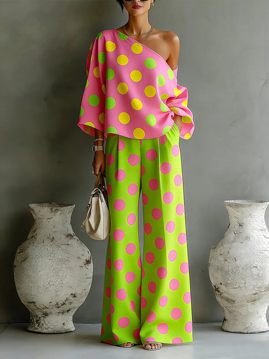 Loretta polka dot off-shoulder top and wide-leg pants set in Pink Lime, front view
