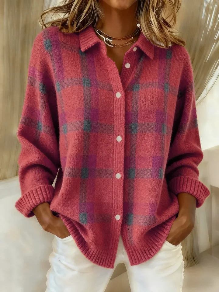 Nola plaid cardigan in rose pink, front view worn open over white jeans