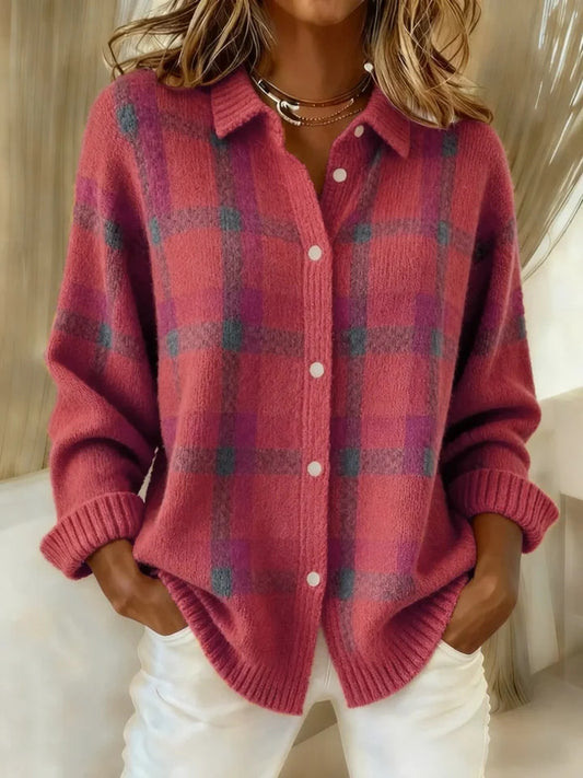 Nola plaid cardigan in rose pink, front view worn open over white jeans