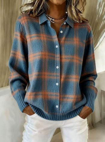 Ruby plaid cardigan in warm blue, front view worn open over white jeans